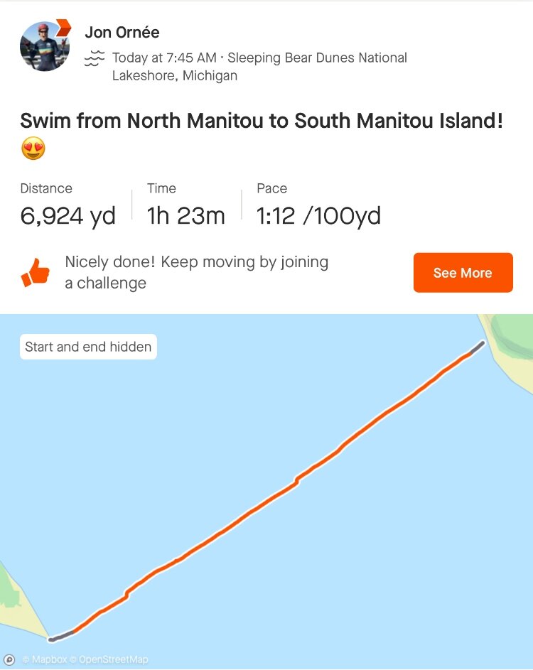 Map showing Jon Ornée's swim from the North Manitou Island to the South Manitou Island on Sept. 10. (Jon Ornée)