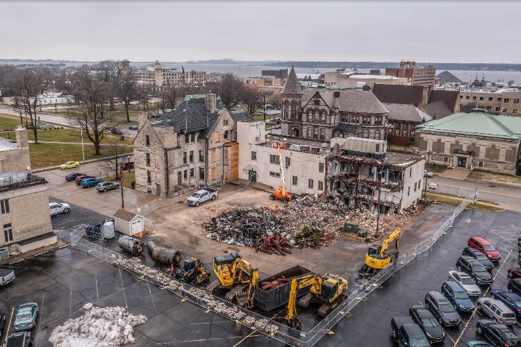 Aerial view of demolition work of the ormer Community Service Building. (GMED)