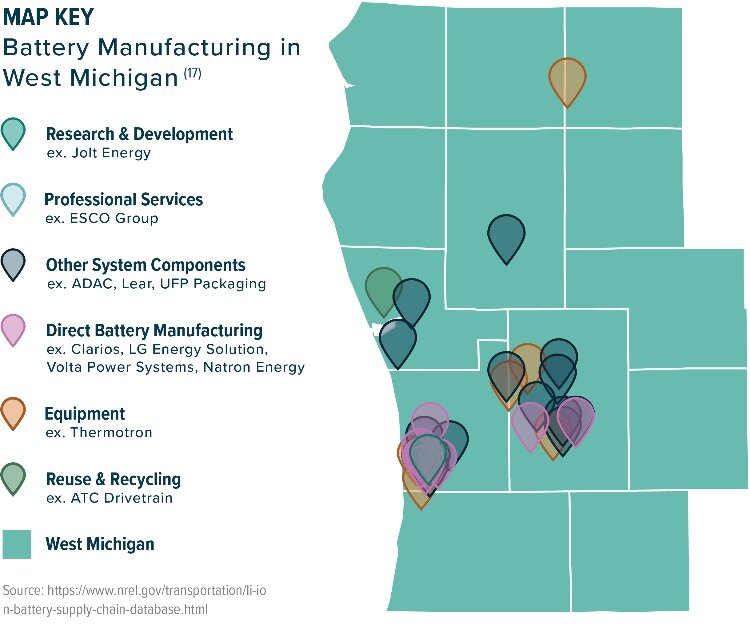 Map shows battery manufacturing operations in West Michigan.
