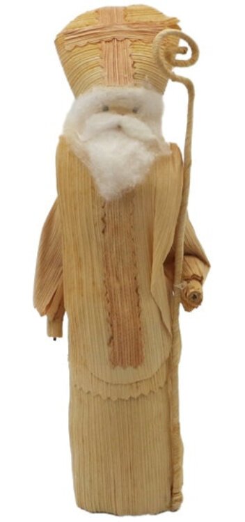 This cornhusk St. Nicholas is the very first one I found. He’s from Czechoslovakia, an indication of his age!