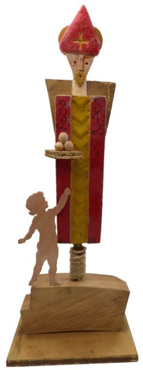 Artist Anna Maria Di Terlizzi’s work often focuses on St. Nicholas joyous relationship to children; ceramic & wood sculpture, Bari, Italy.