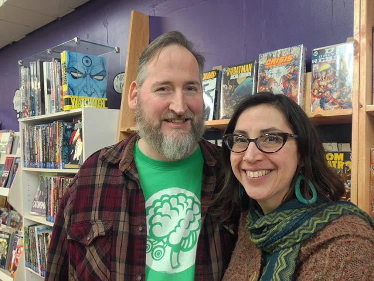 Dan and Katie Merritt at Green Brain Comics. Photo by Mike Galbraith.