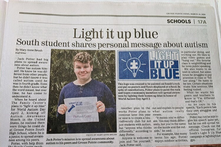 Jack Potter had a write-up in the Grosse Pointe News this March for his work on the Light It Up Blue event he planned, which was cancelled due to the pandemic.