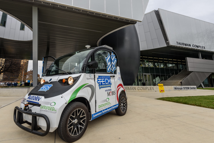 Lawrence Technological University's award winning autonomous vehicle now operates as a campus taxi. Photo by Doug Coombe.