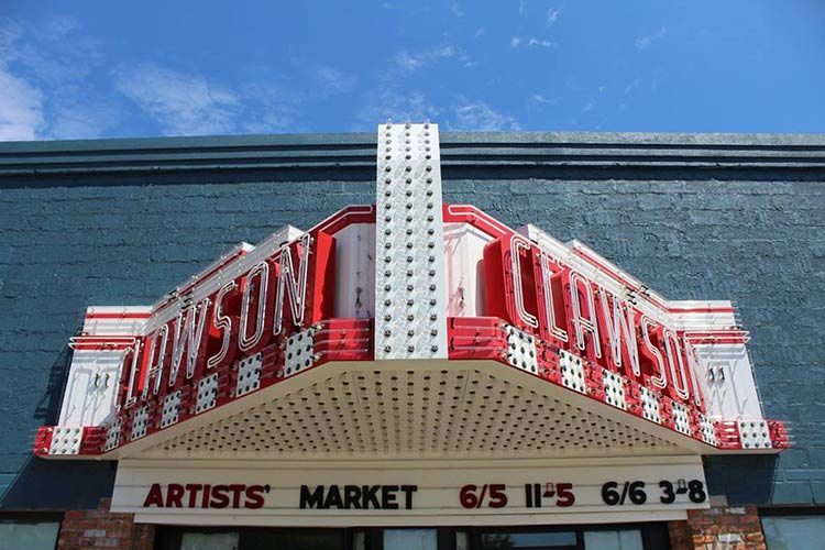 The historic Clawson theater marquee, restored by Leon & Lulus. Photo courtesy Leon & Lulus.