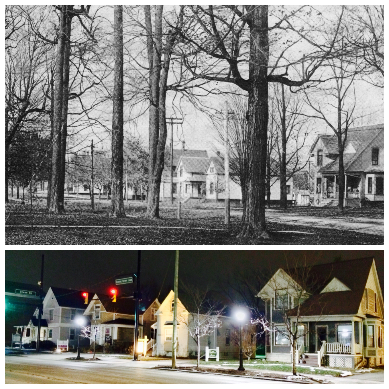 Queen Anne houses, then and now. Photo courtesy Preservation Farmington