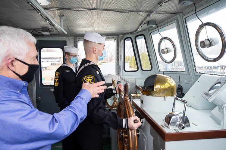 Captain Luke Clyburn speaks with Sea Cadets on the Pride of Michigan.