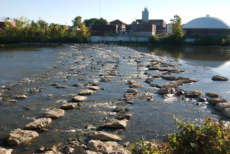 A restored rock arch in the lower RIver Raisin in the city of Monroe creates fish habitat.