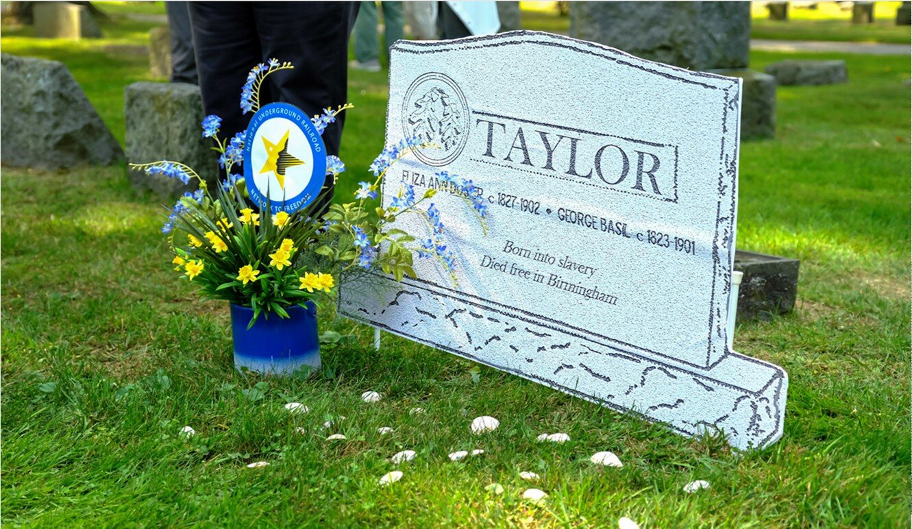 A mockup at the gravesite of George and Eliza Taylor.