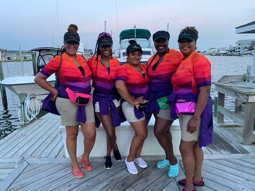 Ebony Anglers Pictured L to R:  Lesleigh Mausi -Detroit, MI Bobbiette Palmer -Iowa City, IA Tiana Davis -Long Island, NY Gia Peebles -San Diego, CA Glenda Turner -Durham, NC