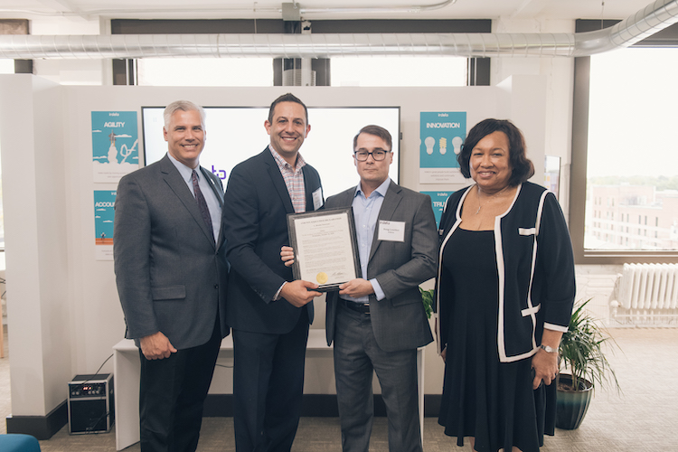 From left: Chris Olzem, Oakland County senior business development representative, Oakland County Treasurer Andy Meisner, Doug Lowther, CEO of Irdeto; Dr. Deirdre Waterman, Mayor of Pontiac.