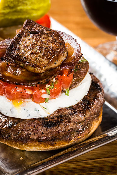 Monk's Burger with Foie Gras, Herbed Goat Cheese, Pancetta, and Marinated Tomato