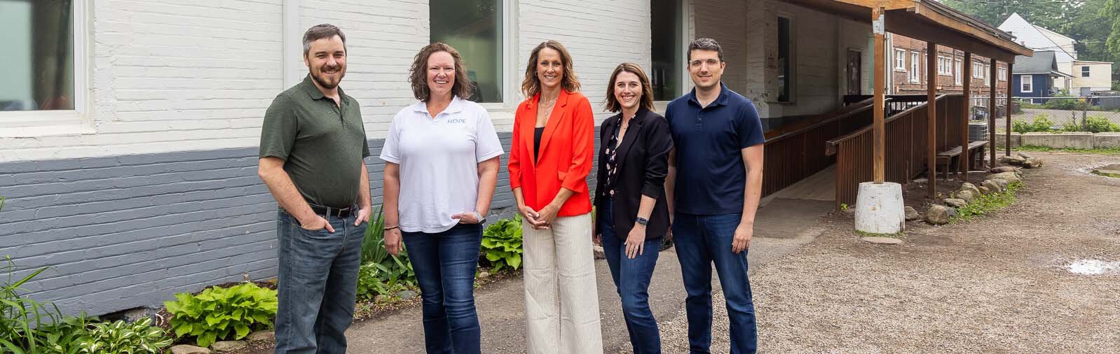 ReciproCity co-founder Cam Underdown, HOPE Shelters Shelter Manager Carolyn Robiadek, Alliance for Housing Executive Director Leah McCall, Lighthouse Director of Emergency Services Jessie Polito, and ReciproCity co-founder Chris Powers.