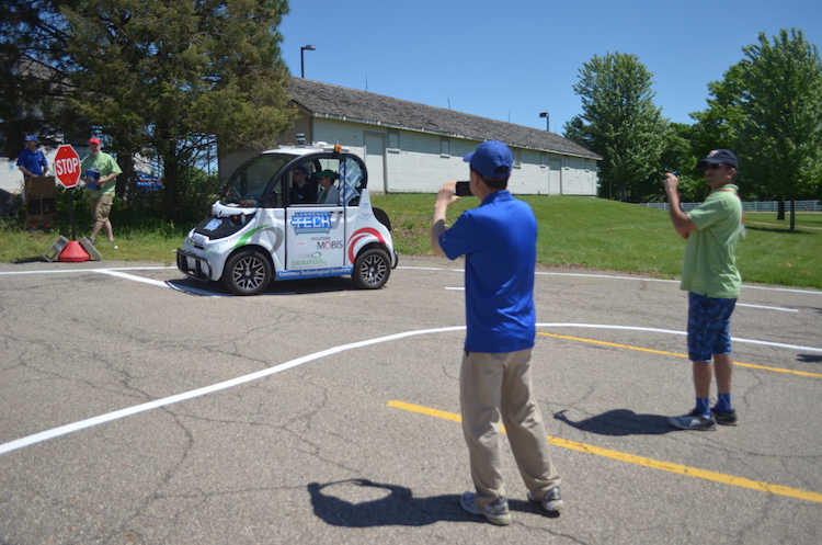 Lawrence Tech autonomous car successfully stops automatically at a stop sign on the IGVC Self-Drive Challenge course. 