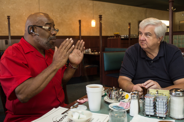 Chris Samuel, father of Christina Samuel, and Dave Lawrence, grandfather of Paige Stalker. The men have forged a bond out of grief, and meet regularly here at Harry's Restaurant in Grosse Pointe.
