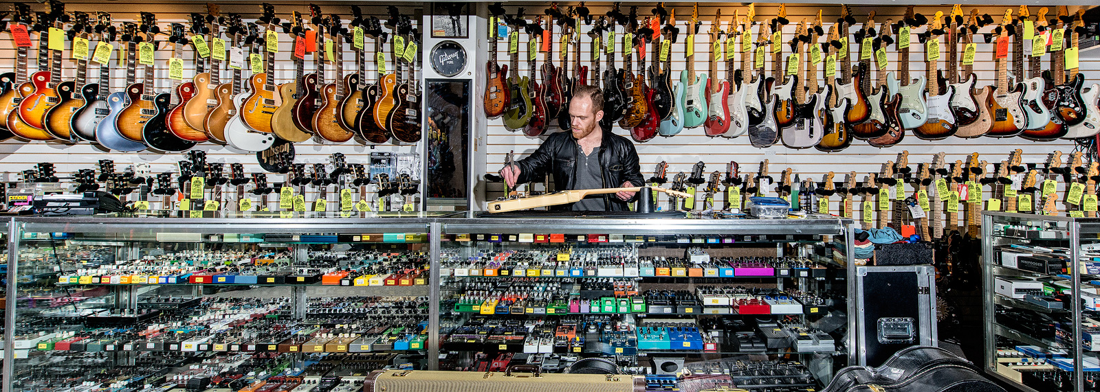 Sean Lynch mans the pedal counter at Motor City Guitar