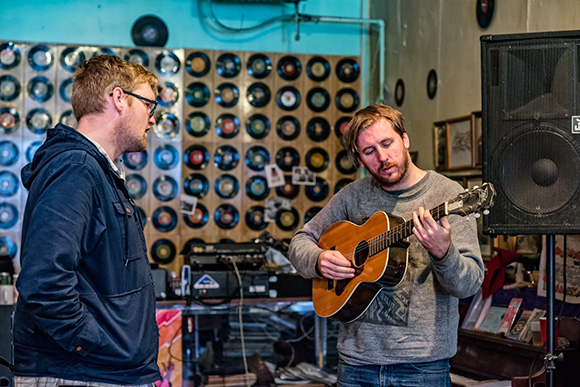 Matt Jones recording Lo & Behold! Records shop owner Richie Wohlfeil