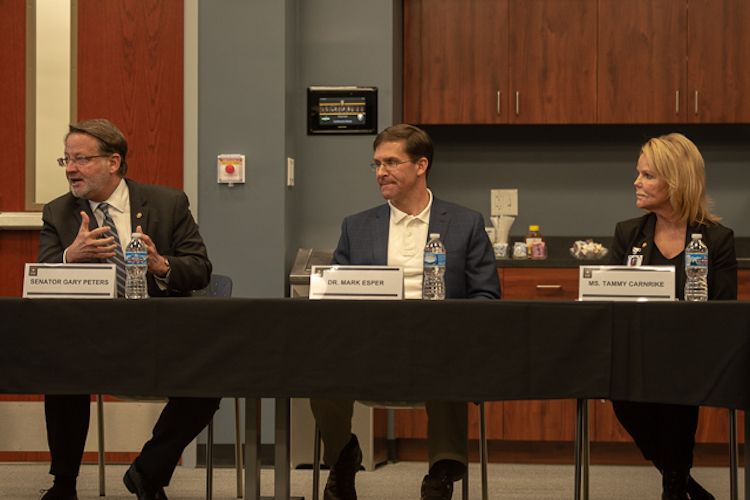 Senator Gary Peters (left), U.S. Secretary of the Army Mark T. Esper, and Detroit Regional Chamber COO Tammy Carnrike, who serves as Civilian Aide To The Secretary Of The Army