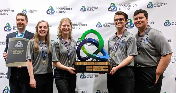 Chemic Portal, a team from Midland High School, took first place in the 2018-2019 A.H. Nickless Innovation Award competition. Left to right: Coach Robert Fox, Team Leader Olivia Johnson, Hannah Sawicki, Ian Sandford and Jared Gonder. 