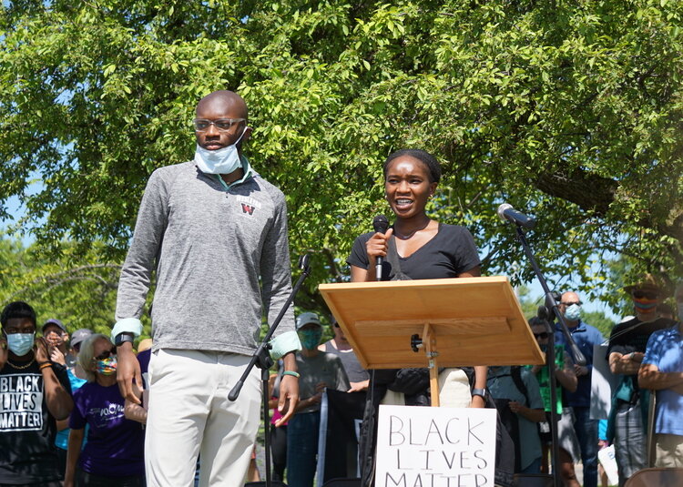 Afua Ofori-Darko and her brother Kofi Ofori-Darko speaking at the Black Lives Matter rally in Midland.