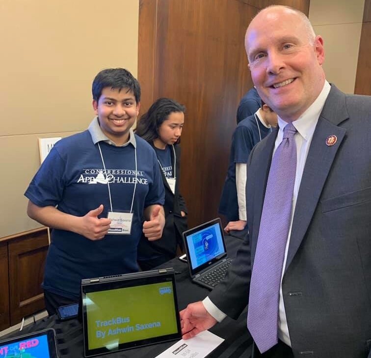 Ashwin Saxena, the winner of the The Congressional App Challenge for the Fourth District, and designer of TrackBus, an app that lets students track the bus so they don't have to wait outside in winter. 