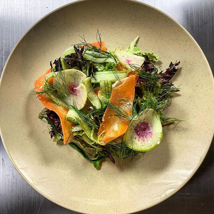 Evan Sumrell focuses on making beautiful, high-quality food with none of the pretentiousness. This salad is made with certified organic produce from Good Stead Farm.