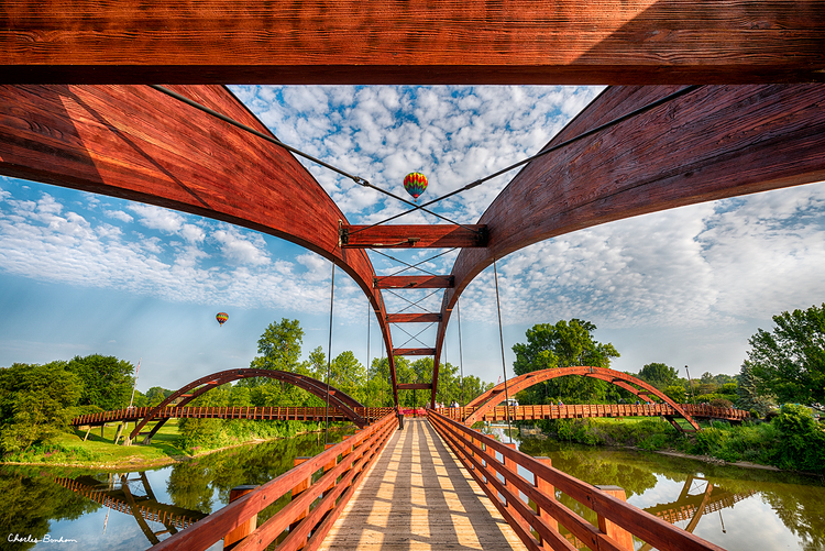 Bonham's shot of the Tridge on a sunny day with hot air balloons.