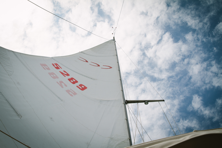 The mainsail on Northern Light during a sail in Tawas Bay.