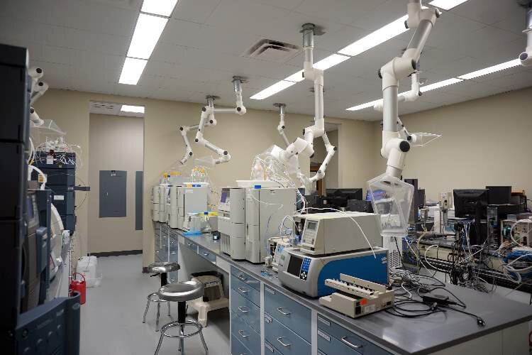 Impact Analytical is a hub of analytical testing equipment. Among the benches are liquid chromatography-mass spectrometry, gas chromatography, and more.