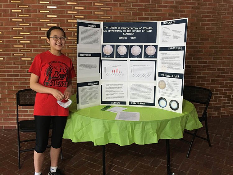 Jessica Chai, eighth grader, won second place for her research on the efficacy of hand sanitizers with different alcohol concentrations.