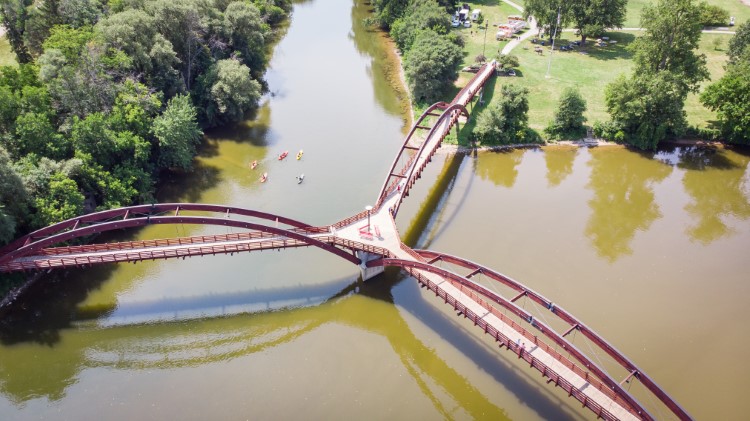 Aerial view of the Tridge and riverfront