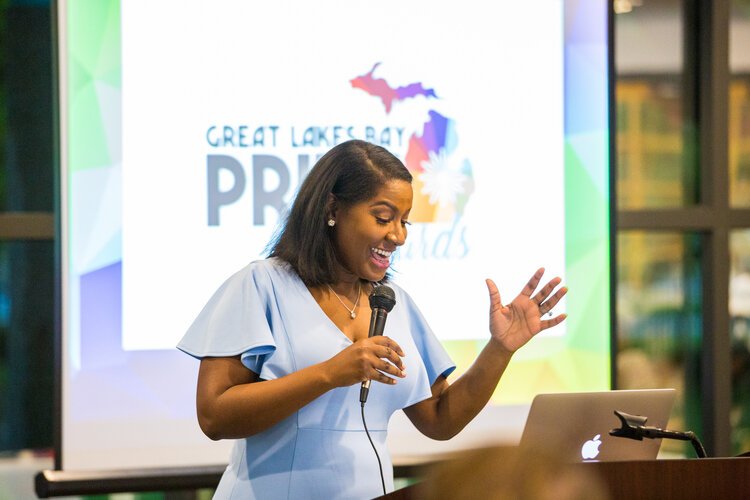 Femi Redwood, weekend anchor at NBC25/FOX66 News, was the keynote speaker at the 2019 Great Lakes Bay Pride Awards Banquet.