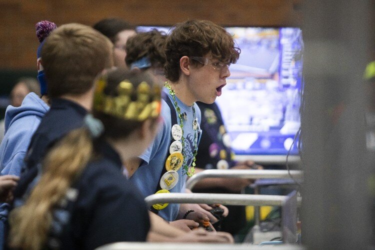 Meridian senior Conner Skalitzky, a team member of the "Volatile Chaos Inhibitors" of Meridian Early College High School, competes in a match during the FIRST.