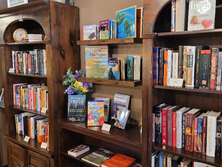 One of the displays at Bookmarks features books with Michigan themes.