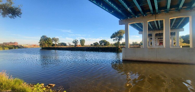 View from across the river and below the Poseyville Road Bridge