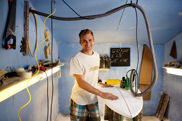 Loukas Bethea in his FRESH Great Lakes surfboard workshop.