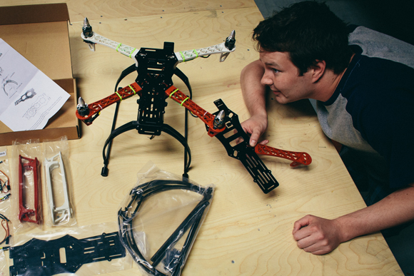 UAS I (Unmanned Ariel Systems I) students put together their hobby level quad rotor frames during class.