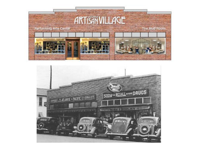 A rendering of the AuSable Artisan Village's new space and a historic photo of the same building.