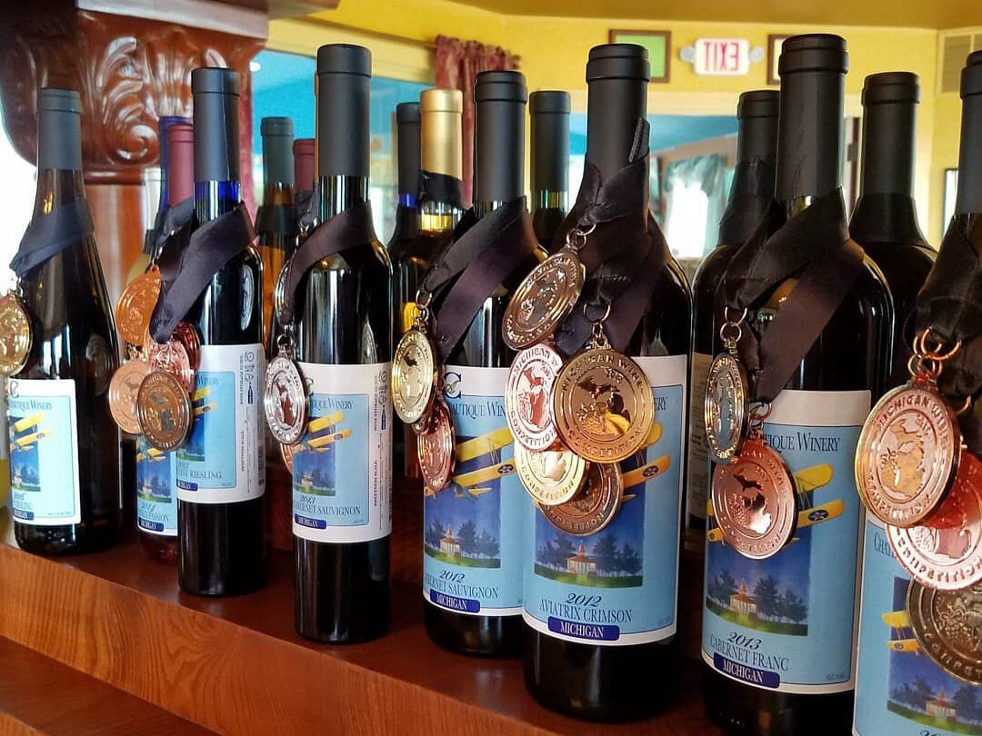 A selection of award-winning wines on display at Chateau Aeronautique Winery outside Jackson.