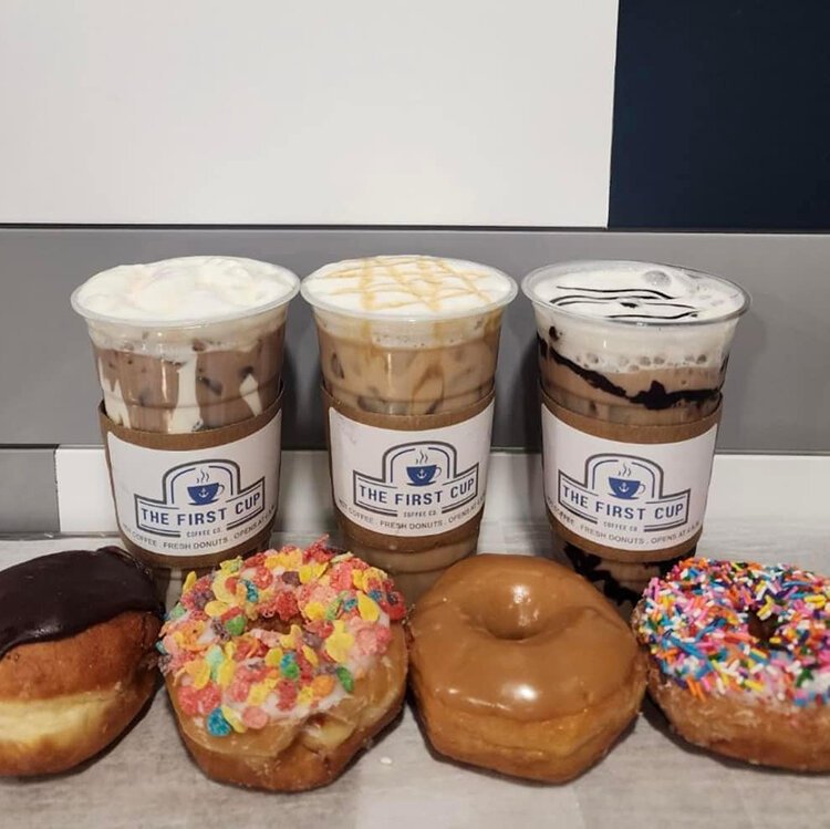 Iced coffee and donuts available at The First Cup.