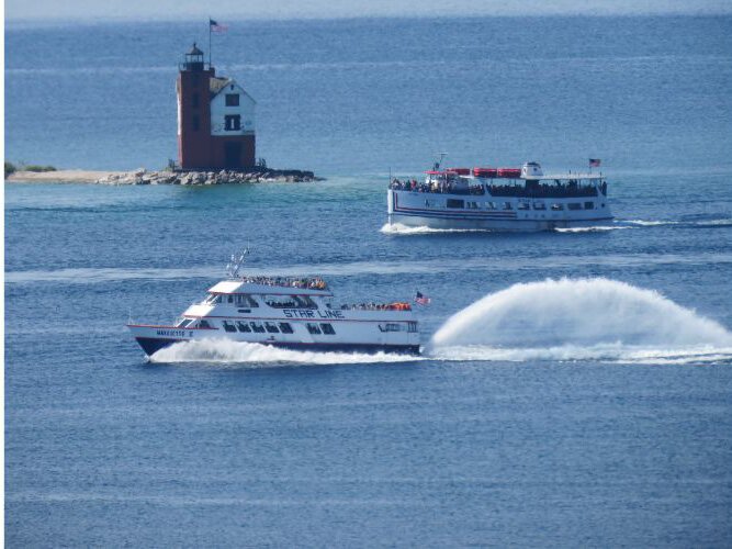 The Chippewa and Marquette II Hydro-Jet head to Mackinac Island side by side.