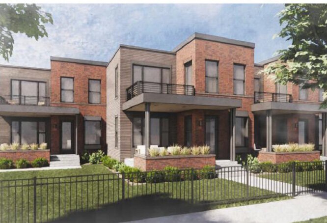 A rendering of townhomes planned at the redeveloped old hospital site. 