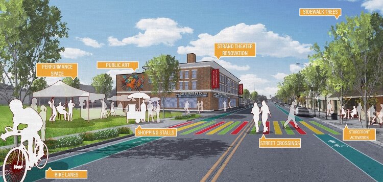 View of Broadway Avenue in Muskegon Heights after the renovation of the Strand Theater property and Rowan Park.