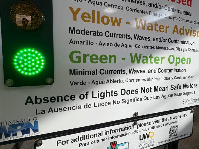 SwimSmart signage posted on a beach.