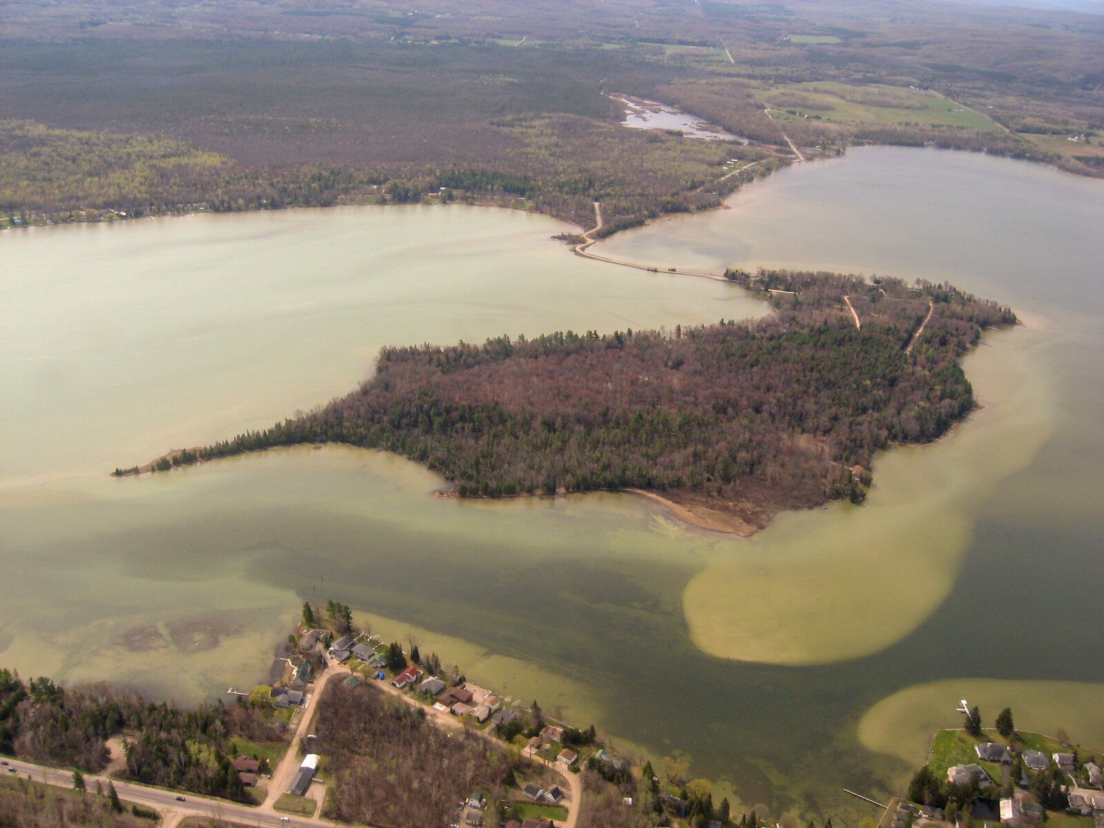 An aerial view of Oden Island in Crooked Lake.