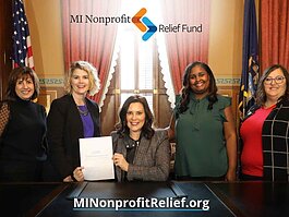 Creating the relief fund. Joan Gustafson, external relations officer, MNA; Kelley Kuhn, president & CEO, MNA; Gov. Gretchen Whitmer; Tammy Pitts, chief communications officer, MNA; Terri Legg, president & CEO, United Way Montcalm & Ionia counties.