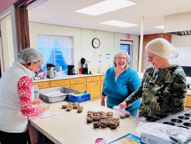Volunteers also make muffins. Food ingredients are donated or purchased with fundraising dollars.