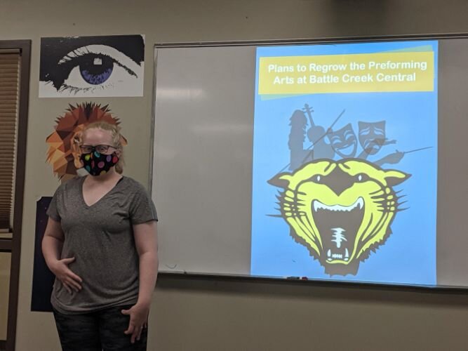 Hannah Nichols, senior at Battle Creek Central, whose presentation focused on the importance of the performing arts in the Battle Creek Public Schools.