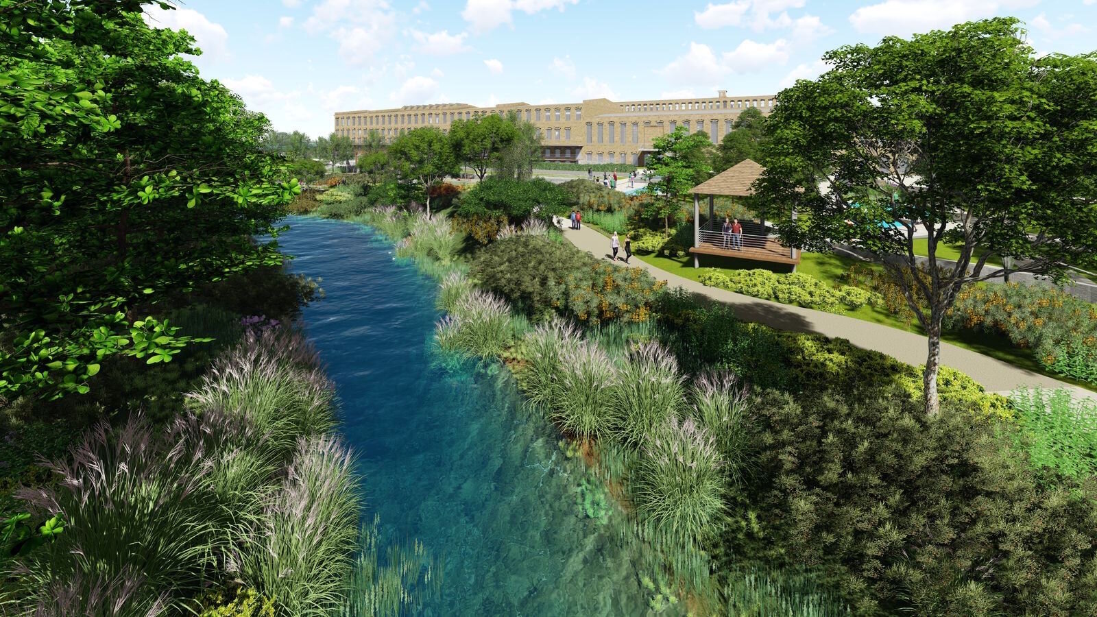 Ways to incorporate Portage Creek into the redevelopment plans for The Mill at Vicksburg without endangering the rare snuffbox mussel are seen in these plans.