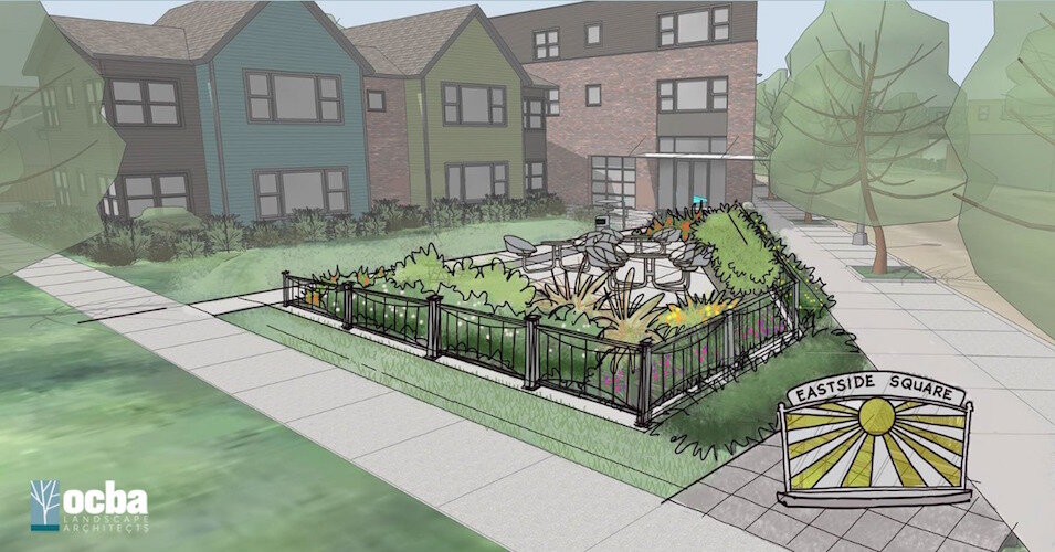 An artists rendering of the Eastside Sunrise Plaza from the perspective of someone looking south. East Main Street is to the right. Affordable housing units expected in the second phase of development in the 1600 block of East Main Street, are shown.